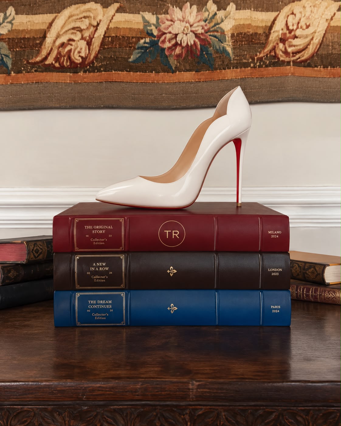Décolleté bianca con tacco e suola rossa su una composizione di libri
