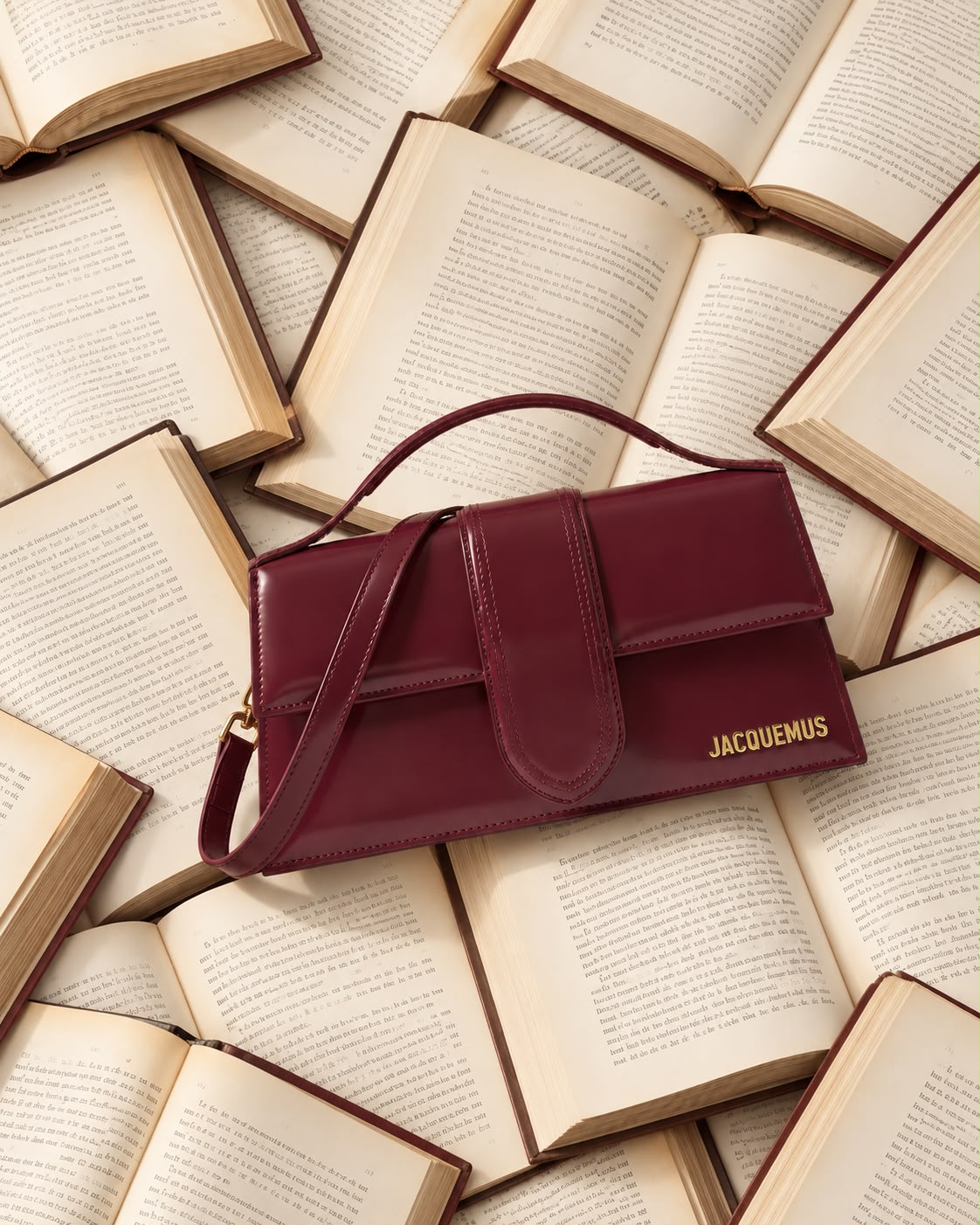 Borsa Jacquemus bordeaux su una composizione di libri aperti